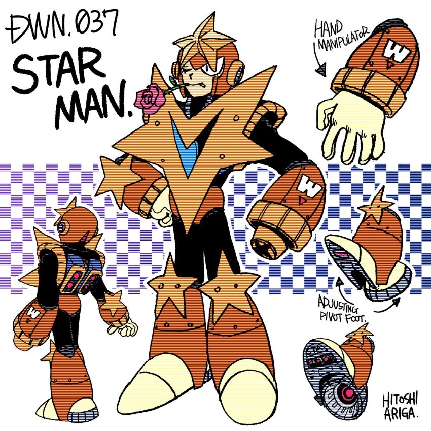 1boy android ariga_hitoshi arm_cannon armor arrow_(symbol) artist_name black_bodysuit black_eyes blue_background bodysuit boots character_name checkered_background chest_armor commentary_request concept_art english_text flower flower_in_mouth from_behind full_body gloves gradient_background hand_on_own_hip helmet highres industrial_pipe joints knee_boots looking_ahead male_focus mega_man_(classic) mega_man_(series) mega_man_5 mega_man_megamix mouth_hold multiple_views no_humans one_eye_closed orange_armor orange_boots pink_flower pink_rose purple_background reference_sheet robot robot_ears robot_joints rose scanlines screw shoe_soles simple_background smile standing star_(symbol) star_man_(mega_man) turnaround weapon white_background white_gloves