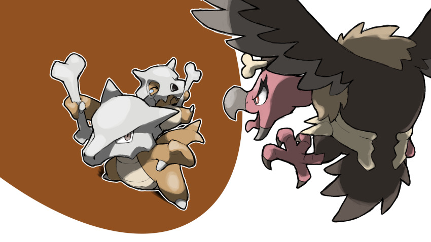 bird blacknirrow bone brown_eyes claws closed_eyes commentary cubone english_commentary evolutionary_line gen_1_pokemon gen_5_pokemon highres holding mandibuzz marowak nintendo no_humans pokemon pokemon_(creature) tears tongue tongue_out wings