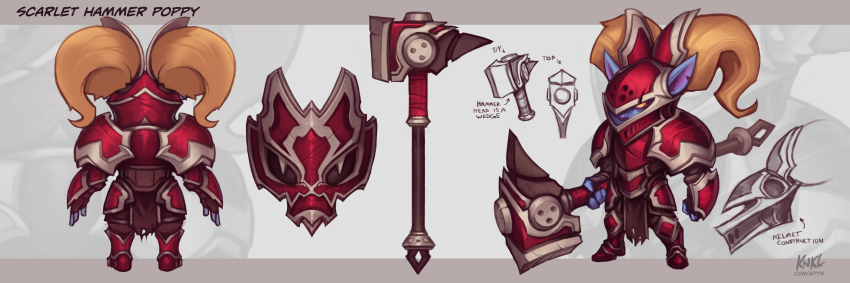 1girl absurdres alternate_costume alternate_hairstyle animal_ears armor artist_name buckler character_name concept_art gauntlets glowing glowing_eyes hammer helmet highres kienan_lafferty league_of_legends multiple_views orange_hair poppy_(league_of_legends) scarlet_hammer_poppy shield turnaround twintails weapon