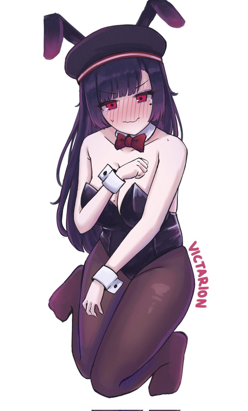 1girl banmin banmin_chan black_hair breasts colored_skin eizoku_shizu embarrassed eyeshadow eyeshadow_under_eye highres hime_cut large_breasts leotard lipstick long_hair makeup military_lolita mole original permabanned playboy_bunny red_eyes thick_thighs thighs victarionsc virtual_youtuber white_skin