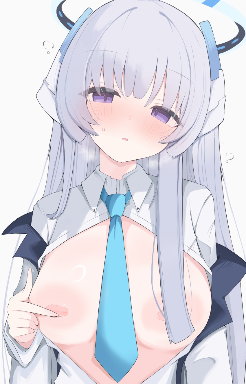 1girl absurdres blue_archive blue_necktie blunt_bangs blush breasts commentary_request grey_hair halo headgear highres jacket large_breasts long_hair long_sleeves looking_at_viewer mechanical_halo necktie nipples noa_(blue_archive) nui_(nuinui0300) open_clothes open_shirt purple_eyes shirt solo upper_body white_background white_hair white_jacket white_shirt