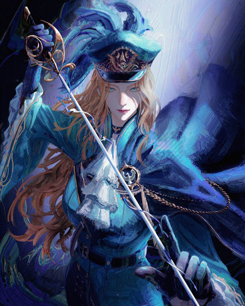 1girl absurdres ascot augustus_(path_to_nowhere) black_gloves blonde_hair blue_eyes blue_jacket breasts dress flowersbloodart gloves hat highres holding holding_sword holding_weapon impasto jacket kepi long_hair looking_at_viewer military_hat path_to_nowhere pointing_melee_weapon pointing_sword rapier shade solo sword wavy_hair weapon white_ascot