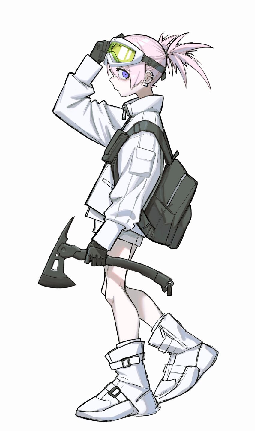 1girl absurdres arm_up axe backpack bag black_gloves boots closed_mouth ear_piercing from_side full_body gloves goggles goggles_on_head hair_between_eyes highres holding holding_axe holding_weapon jacket long_sleeves looking_at_viewer original piercing pink_hair profile purple_eyes purple_hair short_twintails shorts simple_background solo toxic_ghost twintails weapon white_background white_boots white_jacket white_shorts