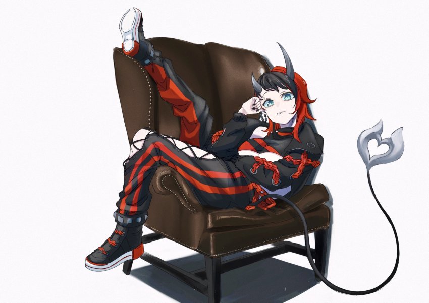 1girl armchair black_hair black_jacket black_nails black_pants black_shoes black_sports_bra blue_eyes breasts chain chair commentary_request cropped_jacket cross-laced_pants demon_girl demon_horns demon_tail ear_chain full_body gin_(tttetu123) highres horns jacket large_breasts leg_up linked_piercing looking_at_viewer multicolored_hair nail_polish nanashi_inc. open_clothes open_jacket pants parted_lips pointy_ears red_hair red_pants red_sports_bra ryugasaki_rene shoes short_hair simple_background sitting_sideways sneakers solo sports_bra sugar_lyric tail two-tone_hair two-tone_pants underboob virtual_youtuber white_background