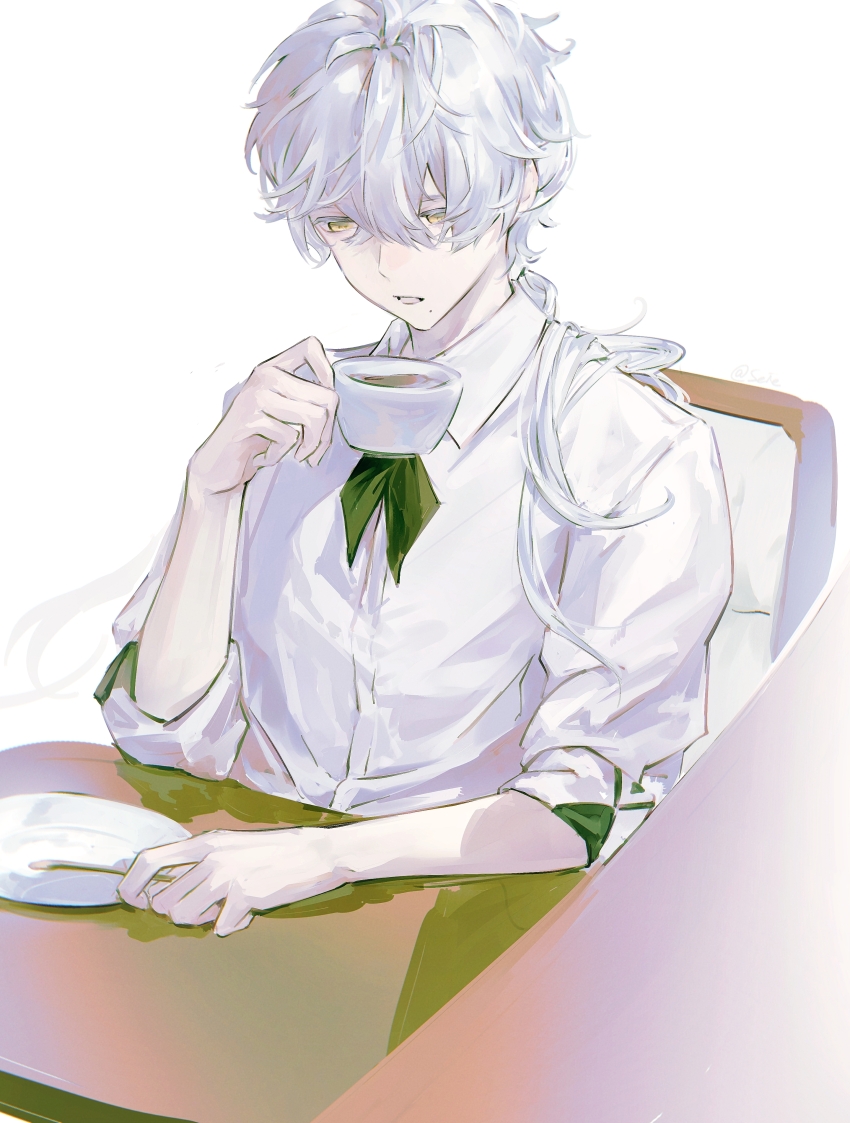 1boy absurdres alternate_costume coffee_mug colored_eyelashes commentary_request cup hair_between_eyes half-closed_eyes highres holding holding_cup honseie long_hair looking_down male_focus mug parted_lips punishing:_gray_raven shirt sitting sleeves_rolled_up solo table wanshi_(pgr) white_eyelashes white_hair white_shirt yellow_eyes