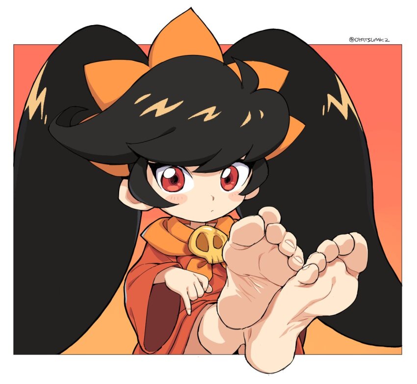 1girl ashley_(warioware) bare_legs barefoot big_hair black_hair blush collar crossed_ankles dress eyeliner feet feet_together feet_up fingernails foot_focus headband looking_at_viewer makeup nails nintendo orange_collar orange_headband oyatsu_(mk2) red_dress red_eyes skull_ornament small_nose soles toe_scrunch toenails toes twintails warioware