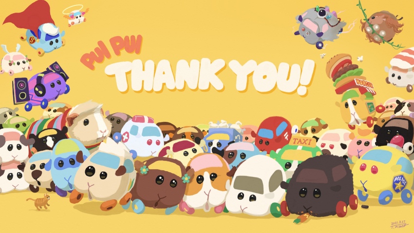 abbey_(pui_pui_molcar) adventure_molcar ambulance_molcar angel_wings animal animal_ears animal_focus arrow_(symbol) artist_name bird black_eyes burger cable cape carrot cat chappy_(pui_pui_molcar) character_request cheek_press choco_(pui_pui_molcar) clothed_animal commentary_request cross dated dj_molcar earrings eating emblem english_text everyone flying food food_on_face garbage_truck_molcar greek_cross grey_hair guinea_pig halo hamburger_molcar headphones hero_molcar highres hoop_earrings jewelry light_bulb long_hair lying_on_another misato_tomoki molcar motor_vehicle multicolored_clothes no_humans open_mouth orange_hair patrol_molcar plant postal_molcar potato_(pui_pui_molcar) pui_pui_molcar recycling_symbol red_cape red_eyes shadow shiromo_(pui_pui_molcar) shoshinsha_mark sign signature speaker stacking surprised sushi_molcar sweater swinging taxi_molcar teddy_(pui_pui_molcar) thank_you time_molcar trash_bag treasure_molcar tsumugi_(pui_pui_molcar) uneven_eyes vines wedding_molcar wheel white_hair wings yellow_background