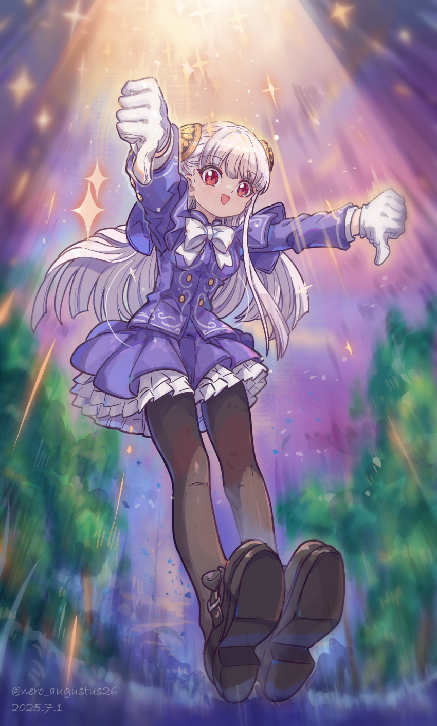 1girl :d absurdres brown_pantyhose capcom_fighting_jam commentary_request dated gloves hairpods highres ingrid_(capcom) jacket long_hair long_sleeves mary_janes neck_ribbon nero_augustus open_mouth pantyhose petticoat purple_jacket purple_skirt red_eyes ribbon shoes skirt smile solo thumbs_down twitter_username white_gloves white_hair white_petticoat white_ribbon