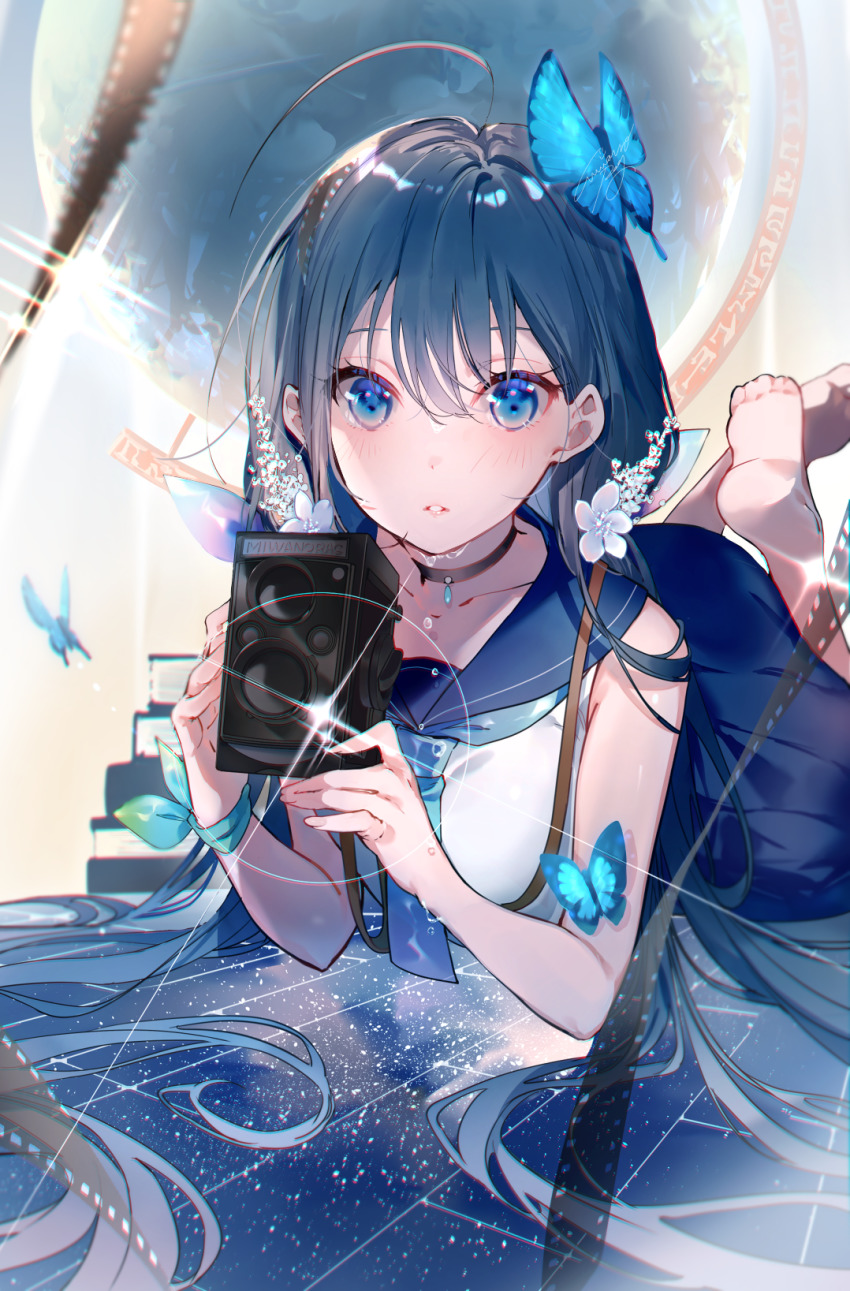 1girl ahoge animal bare_arms barefoot black_choker blue_butterfly blue_eyes blue_hair blue_neckerchief blue_skirt blush book breasts bug butterfly camera camera_around_neck choker collarbone commentary english_commentary eyebrows_hidden_by_hair feet floor flower hair_between_eyes hair_flower hair_ornament highres holding holding_camera insect legs_up long_hair looking_at_viewer lying medium_breasts miwano_rag neckerchief on_stomach original ribbon sailor_collar school_uniform serafuku signature skirt solo twin-lens_reflex_camera very_long_hair water_drop wrist_ribbon