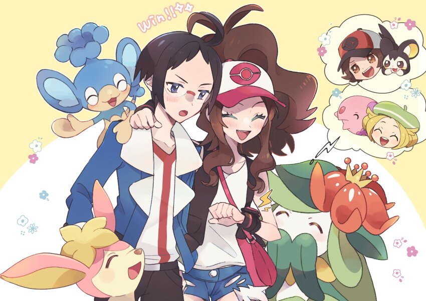 2boys 2girls ahoge baseball_cap bianca_(pokemon) black_hair blonde_hair blue_eyes blue_jacket brown_eyes brown_hair cheren_(pokemon) closed_eyes deerling deerling_(spring) denim denim_shorts emolga gen_5_pokemon glasses hat high_ponytail highres hilbert_(pokemon) hilda_(pokemon) jacket lilligant long_hair long_sleeves misha_(ohds101) multiple_boys multiple_girls musharna nintendo on_shoulder open_mouth panpour poke_ball_print pokemon pokemon_(creature) pokemon_bw pokemon_on_shoulder ponytail short_hair shorts sidelocks smile