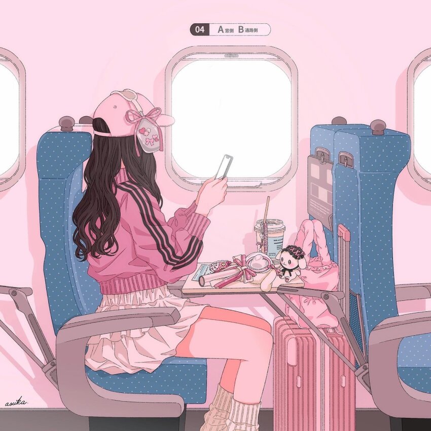 1girl airplane_interior asuka_(a20_suka002018) baseball_cap black_hair cellphone cup drinking_straw glowstick hat headphones highres holding holding_phone jacket leg_warmers long_hair original penlight_(glowstick) phone pink_hat pink_jacket pink_ribbon pink_theme ribbon rolling_suitcase sitting skirt slice_of_life smartphone solo sticker stuffed_animal stuffed_rabbit stuffed_toy suitcase track_jacket tray white_leg_warmers white_skirt window