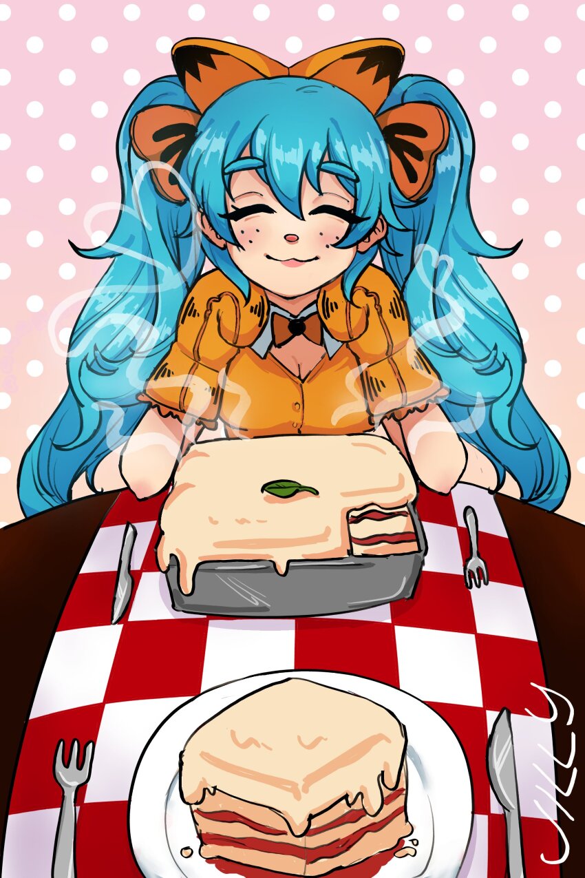 1girl :3 absurdres animal_ears animal_hands aqua_hair bow bowtie breasts cat_ears cleavage closed_eyes closed_mouth cosplay fake_animal_ears food fork freckles garfield garfield_(character) garfield_(character)_(cosplay) gloves hatsune_miku highres jilly_(jillyplush) knife lasagne long_hair orange_bow orange_bowtie orange_gloves orange_shirt paw_gloves shirt solo table twintails vocaloid