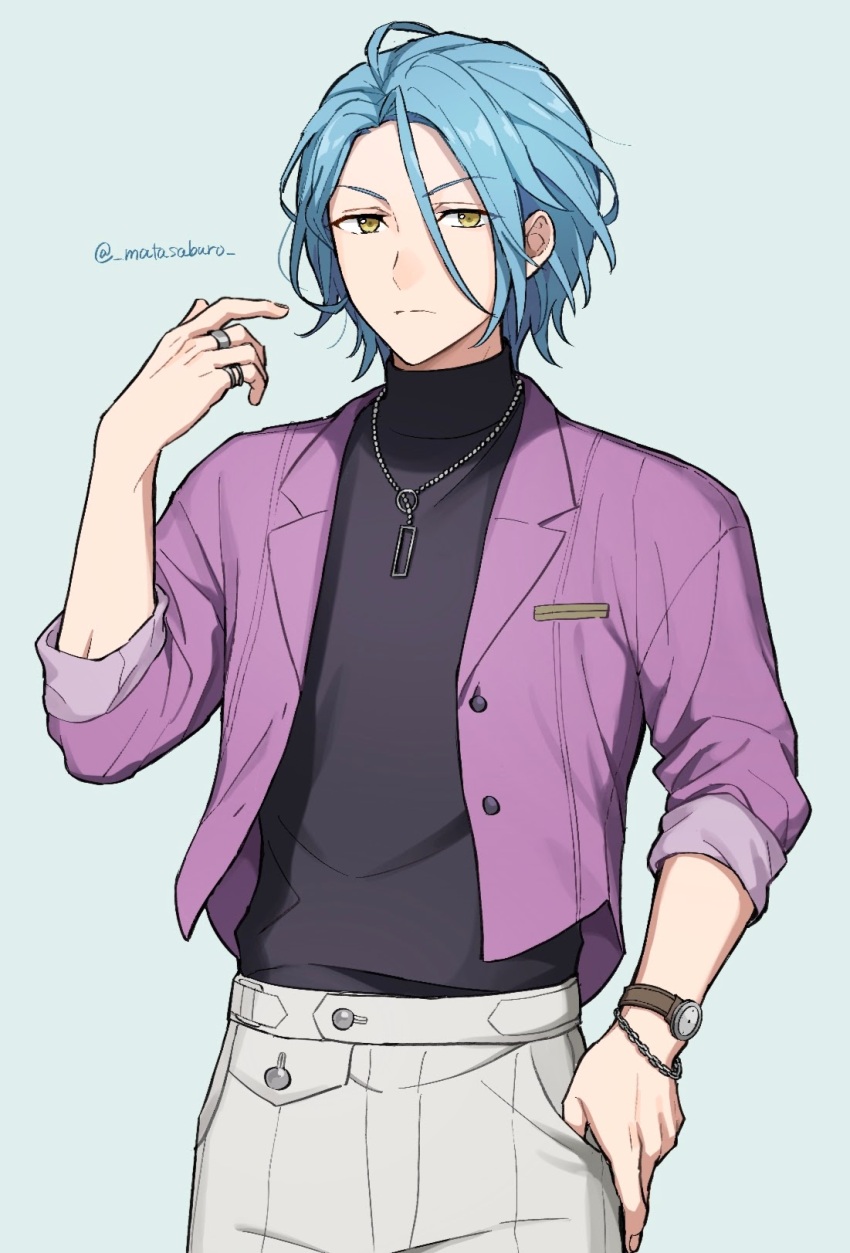 1boy black_shirt blue_hair bracelet closed_mouth ensemble_stars! grey_background hand_on_own_hip highres himeru_(ensemble_stars!) jacket jewelry light_blue_hair looking_at_viewer male_focus matasaburo necklace open_clothes open_jacket pants purple_jacket ring shirt simple_background solo twitter_username upper_body watch white_pants wristwatch yellow_eyes