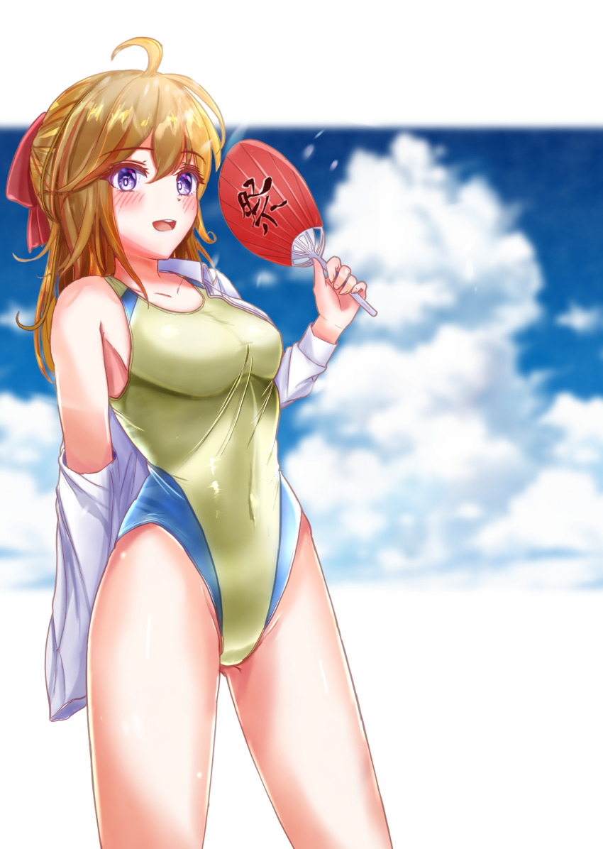 1girl ahoge blue_eyes blue_sky brown_eyes charomi chikatetsu_ni_noru! cloud commentary_request commission competition_swimsuit contrapposto cowboy_shot hair_ribbon half_updo hand_fan highleg highleg_one-piece_swimsuit highres kyoto_municipal_subway long_hair multicolored_swimsuit one-piece_swimsuit open_mouth paper_fan red_ribbon ribbon shirt skeb_commission sky solo standing swimsuit uchiwa uzumasa_moe white_shirt yellow_one-piece_swimsuit