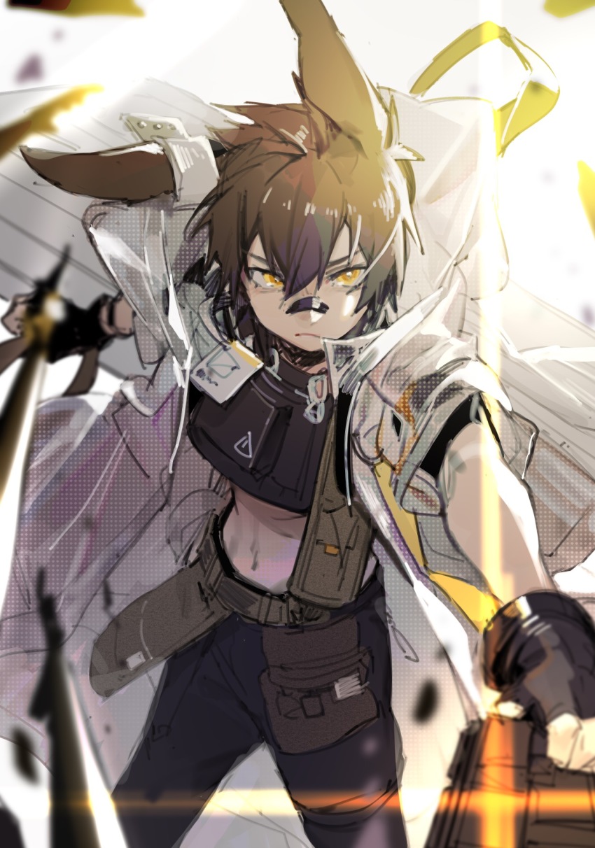 1boy animal_ears arknights ayerscarpe_(arknights) bandaid bandaid_on_face bandaid_on_nose black_gloves black_pants black_shirt bokyo brown_hair crop_top fingerless_gloves gloves hair_between_eyes highres holding holding_weapon jacket looking_at_viewer male_focus midriff navel open_clothes pants rabbit_boy rabbit_ears shirt short_hair solo weapon white_background yellow_eyes