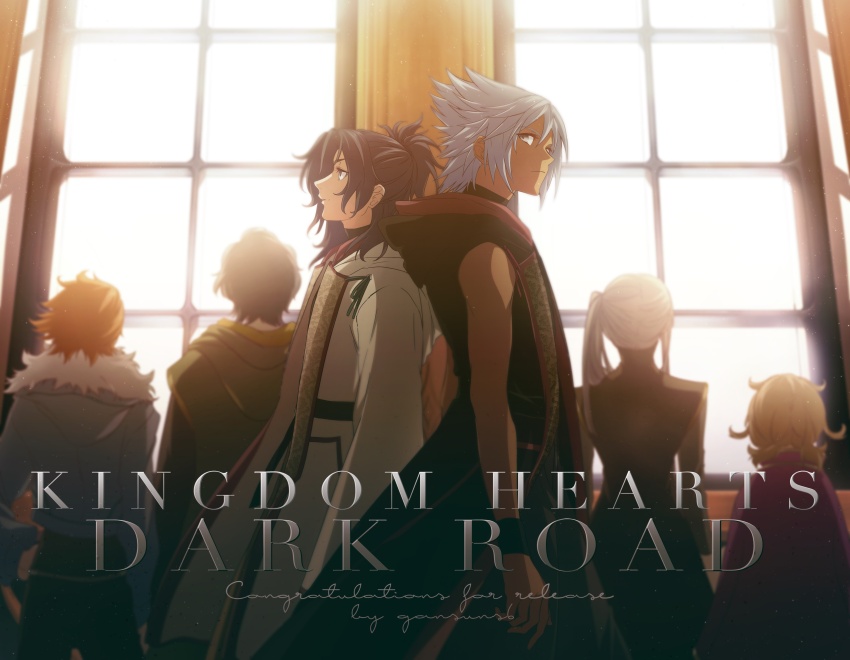 2girls 4boys absurdres back-to-back belt black_coat black_hair black_pants blue_jacket bragi_(kingdom_hearts) brown_hair coat copyright_name dark-skinned_male dark_skin day english_text eraqus expressionless from_behind from_side fur-trimmed_jacket fur_trim green_robe grey_eyes grey_hair half_updo hand_on_own_hip hermod_(kingdom_hearts) high_side_ponytail highres hood hooded_coat indoors jacket kingdom_hearts kingdom_hearts_dark_road long_hair long_sleeves looking_back looking_outside low_twintails medium_hair multiple_boys multiple_girls orange_hair pants ponytail purple_robe robe roku_(gansuns) short_hair short_twintails sleeveless sleeveless_coat spiked_hair twintails twitter_username upper_body urd_(kingdom_hearts) vor_(kingdom_hearts) wavy_hair white_hair white_robe window xehanort