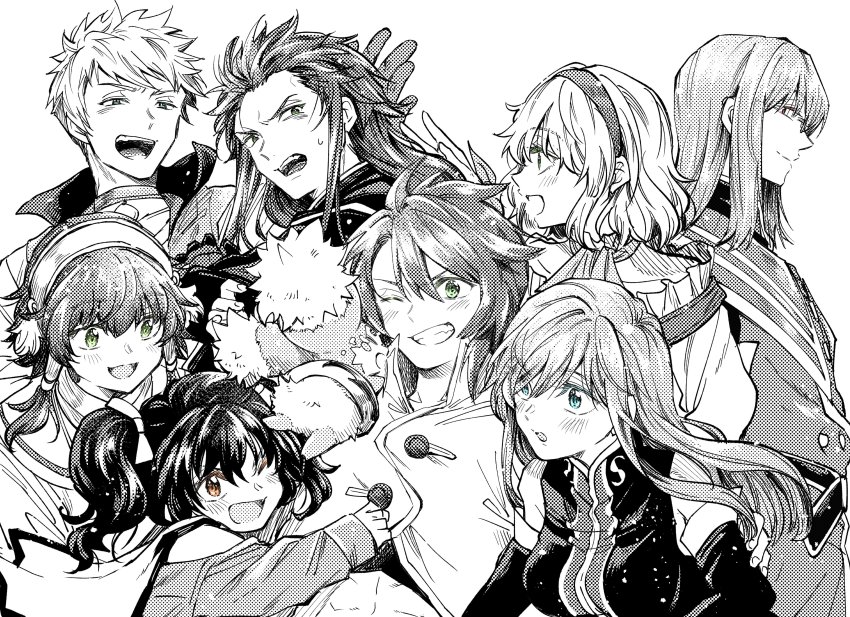 3girls 5boys abs absurdres anise_tatlin asch_(tales) bare_shoulders black_hair blonde_hair blue_eyes blush breasts brown_eyes child choker creature crop_top detached_sleeves dress glasses green_eyes greyscale grin guy_cecil hair_ribbon hairband high_collar highres ion_(tales) jacket jade_curtiss kudou_makoto long_hair looking_at_another luke_fon_fabre medium_breasts mieu_(tales) military military_uniform monochrome multiple_boys multiple_girls natalia_luzu_kimlasca_lanvaldear partially_colored red_eyes ribbon short_hair sidelocks smile tales_of_(series) tales_of_the_abyss tear_grants twintails white_background