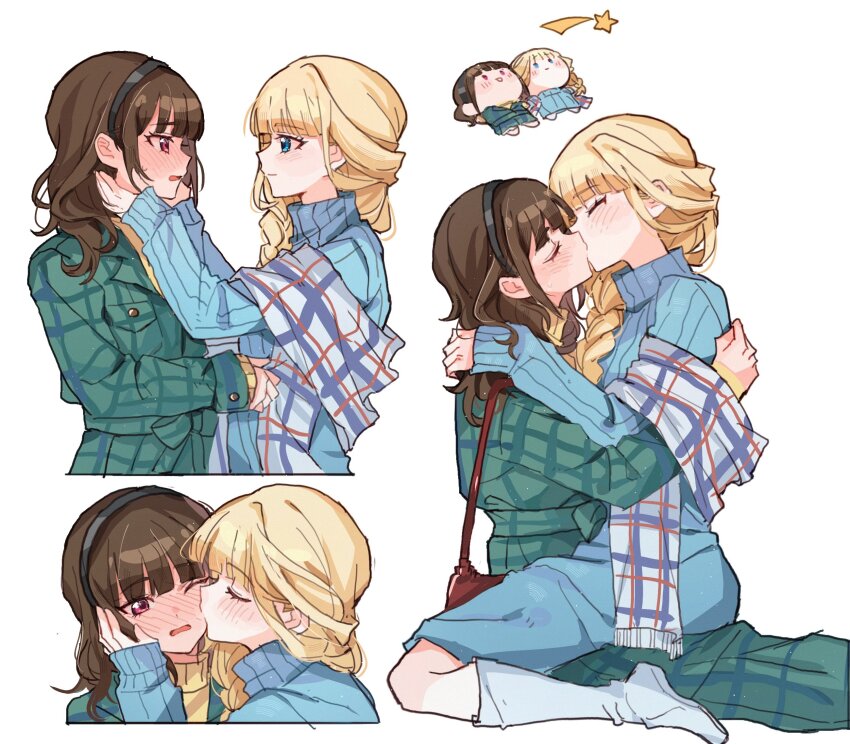 2girls bag blonde_hair blue_eyes blush boots braid brown_hair checkered_clothes chibi closed_eyes eye_contact flannel hairband hand_on_another&#039;s_face handbag highres hug kiss kissing_cheek long_hair looking_at_another multiple_girls multiple_views nekoyashiki_mayu nekoyashiki_yuki precure red_eyes scarf shooting_star simple_background white_background wonderful_precure! xiongbingbisata yuri