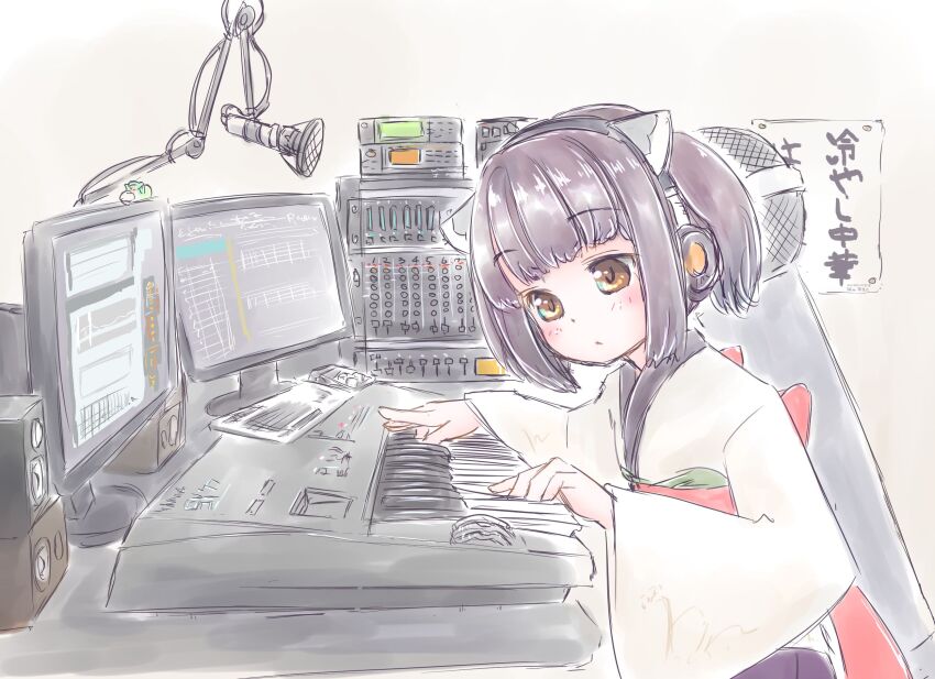 1girl back_bow black_hair blush bow closed_mouth commentary_request desk from_side headphones highres indoors instrument japanese_clothes keyboard_(instrument) kimono knife_hair_ornament looking_at_object looking_down microphone microphone_stand monitor multiple_monitors music obi oversized_object playing_instrument poster_(object) recording_audio recording_studio red_sash sakurai_akira sash sitting sketch solo stereo touhoku_kiritan voiceroid white_kimono yellow_eyes