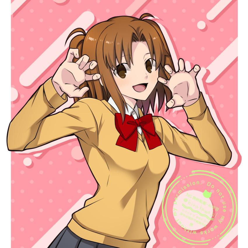 1girl brown_eyes brown_hair claw_pose commentary highres hirakawa long_hair open_mouth pink_background shadow shirt simple_background solo sweater tsukihime tsukihime_(remake) twintails upper_body watermark white_shirt yellow_sweater yumizuka_satsuki