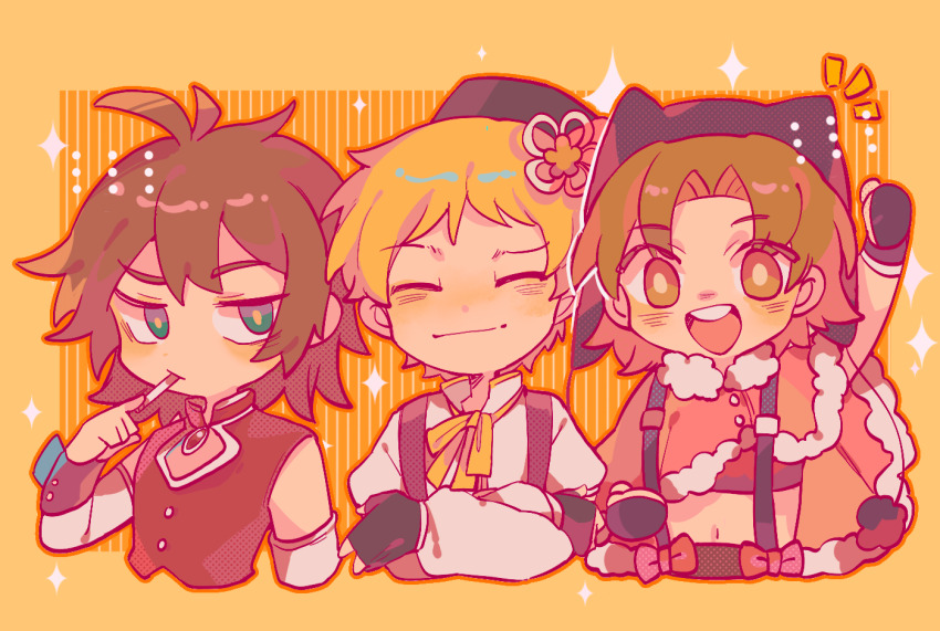 3boys animal_ear_headwear animal_ears arm_warmers atou_haruki beatdream black_gloves black_hat blonde_hair bow bright_pupils brown_eyes brown_hair brown_pupils capelet chinese_commentary cigarette closed_eyes closed_mouth commentary_request cosplay fake_animal_ears fingerless_gloves fur-trimmed_capelet fur_trim gloves green_eyes hat isoi_reiji mahou_shoujo_madoka_magica mahou_shoujo_madoka_magica:_hangyaku_no_monogatari mahou_shoujo_madoka_magica_(anime) male_focus momoe_nagisa momoe_nagisa_(cosplay) momoe_nagisa_(magical_girl) multiple_boys navel neck_ribbon open_mouth orange_pupils parted_bangs pink_capelet red_bow red_shirt ribbon saibou_shinkyoku sakura_kyoko sakura_kyoko_(cosplay) sakura_kyoko_(magical_girl) shinano_eiji shirt short_hair short_sleeves sleeveless sleeveless_shirt smile soul_gem suspenders tomoe_mami tomoe_mami_(cosplay) tomoe_mami_(magical_girl) upper_body white_arm_warmers white_shirt yellow_ribbon