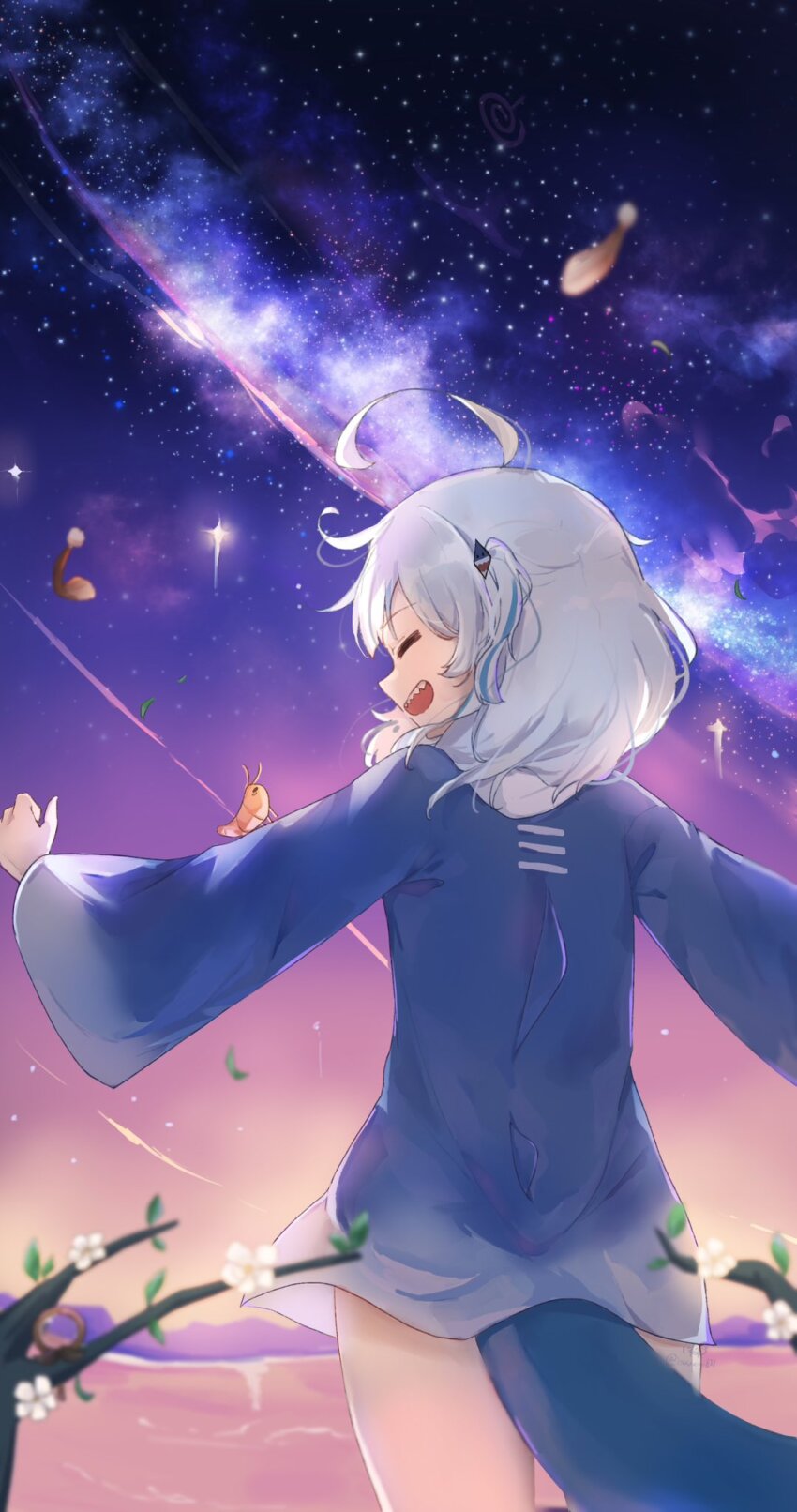 1girl ahoge blue_hair blue_hoodie closed_eyes fins fish_tail gawr_gura gawr_gura_(1st_costume) grey_hair highres hirasawa_izumi hololive hololive_english hood hoodie medium_hair multicolored_hair night night_sky open_mouth shark_girl shark_tail sharp_teeth sky smile solo streaked_hair tail teeth upper_body virtual_youtuber