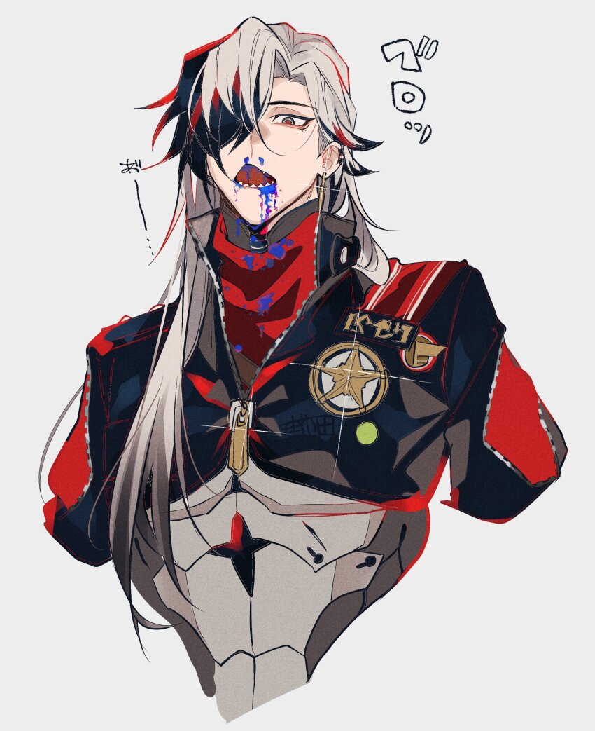 1boy absurdres black_hair black_jacket blood blood_from_mouth blood_on_clothes blue_blood boothill_(honkai:_star_rail) commentary_request cropped_jacket cropped_torso cyborg glint grey_hair hair_over_one_eye highres honkai:_star_rail honkai_(series) jacket licking_blood long_hair looking_at_viewer male_focus nosebleed sharp_teeth sheriff_badge solo teeth translation_request u_5ham0 upper_body