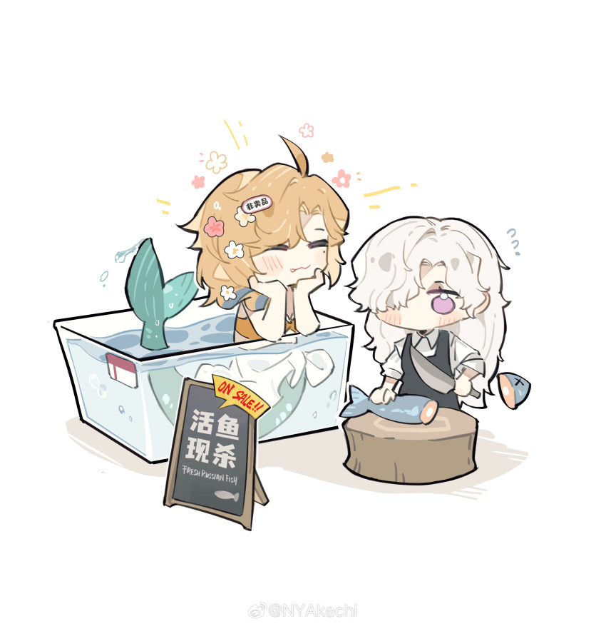 2girls :3 ^_^ absurdres ahoge akechi_(826988799) apron bikini black_apron blonde_hair braid chibi closed_eyes cutting cutting_board dead_animal fang fang_out fish fish_tank fishmonger flower flying_sweatdrops full_body hair_flower hair_ornament hair_over_one_eye hands_on_own_cheeks hands_on_own_face head_rest highres holding holding_knife knife long_braid long_hair mermaid mole mole_under_eye monster_girl multiple_girls official_alternate_costume one_eye_covered orange_bikini purple_eyes red_flower reverse:1999 sandwich_board sarong shirt single_braid swimsuit vila_(by_the_painted_city)_(reverse:1999) vila_(reverse:1999) water watermark weibo_watermark white_background white_flower white_hair white_sarong white_shirt windsong_(reverse:1999)