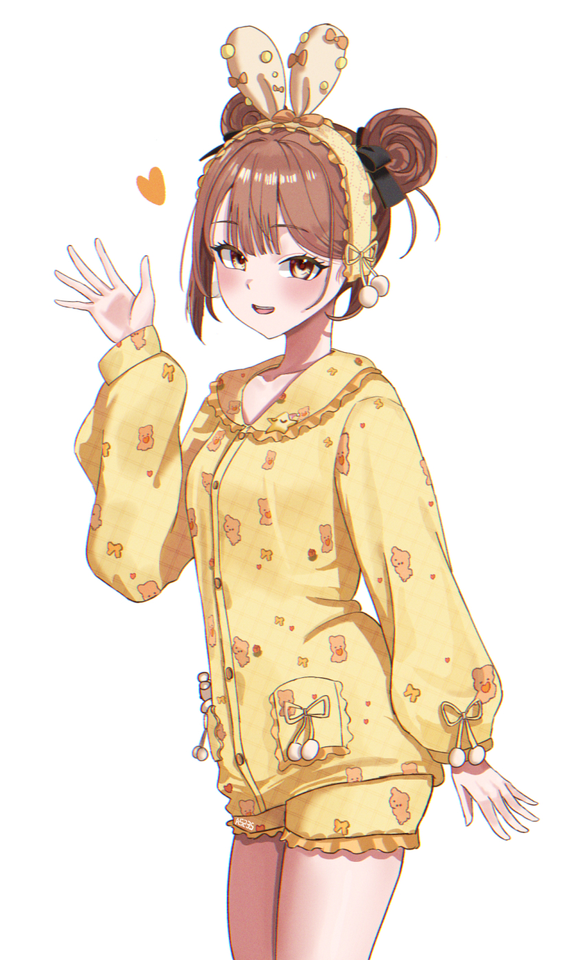 1girl a5235 animal_ear_headband breast_pocket brown_hair collar double_bun frilled_collar frilled_cuffs frills hair_bun headband highres open_mouth pajama_shorts pajamas pocket simple_background smile standing victory_(waktaverse) virtual_youtuber waktaverse waving white_background yellow_pajamas