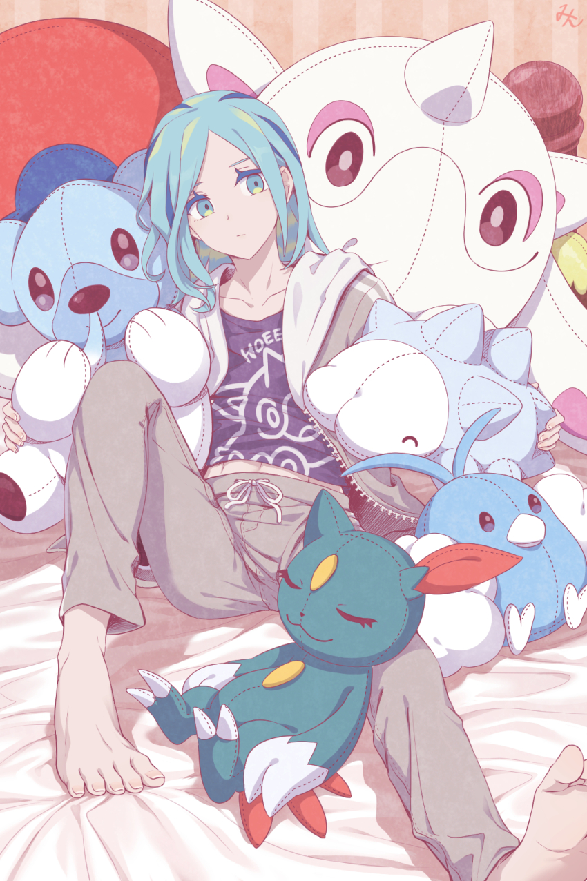 1boy bed blue_hair cetoddle closed_mouth cubchoo feet gen_2_pokemon gen_3_pokemon gen_5_pokemon gen_8_pokemon grusha_(pokemon) highres jacket min_(myna8247) nintendo open_clothes open_jacket pants pokemon pokemon_(creature) pokemon_sv sitting sneasel snom solo stuffed_toy swablu