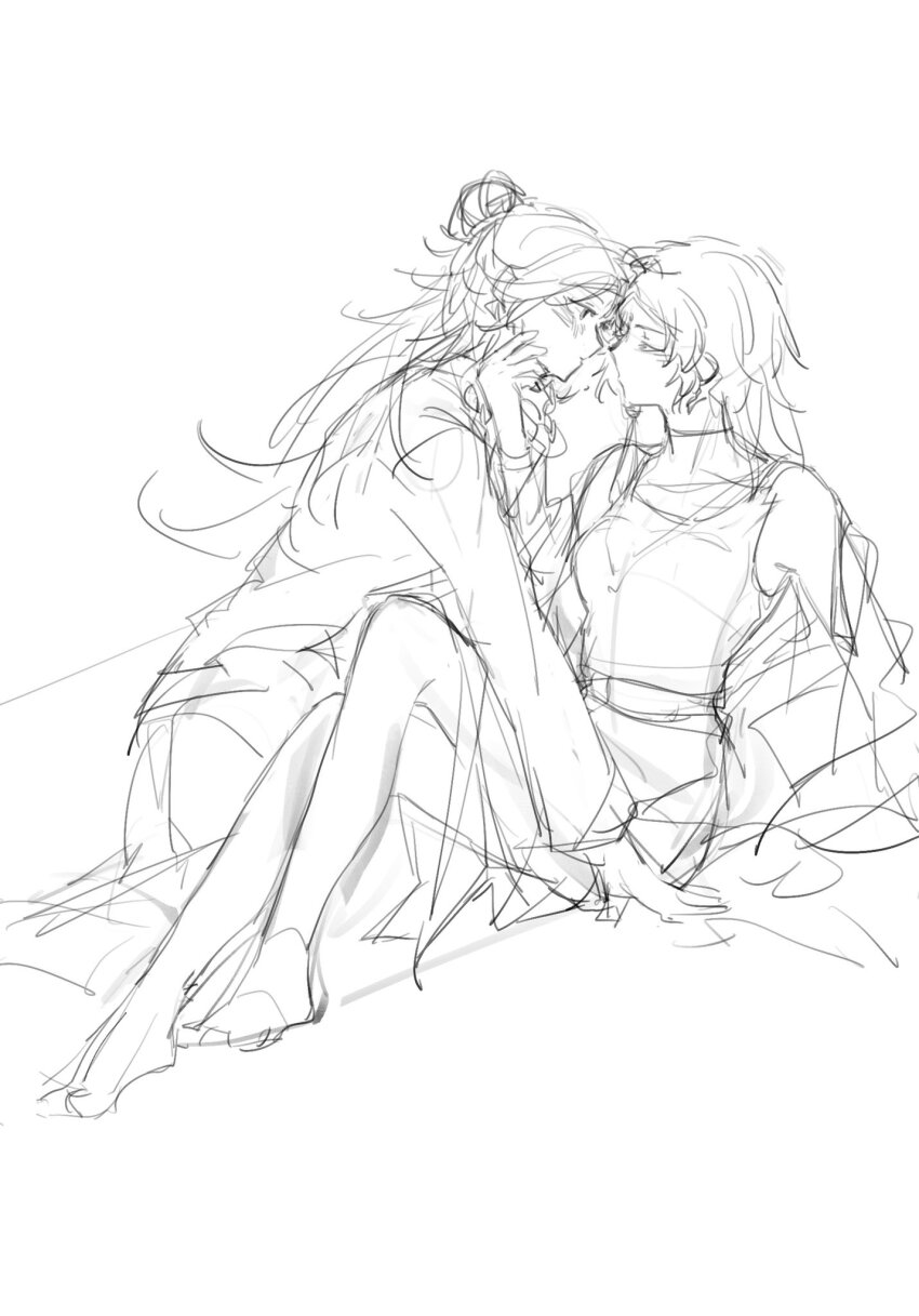 2girls blush chinese_commentary commentary_request du_ruo_(path_to_nowhere) eye_contact forehead-to-forehead greyscale hand_on_another&#039;s_face heads_together highres long_hair long_sleeves looking_at_another monochrome multiple_girls off_shoulder path_to_nowhere shirt sitting sketch sleeveless sleeveless_shirt tooong4 unfinished yao_(path_to_nowhere) yuri