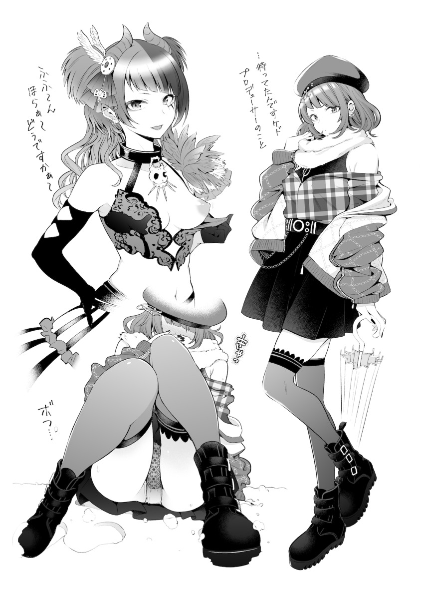1girl ankle_boots belt beret blush boots breasts chain collar crop_top demon_horns earrings elbow_gloves fake_horns fallen_down flashing full_body gloves greyscale hat highres holding holding_umbrella horns idolmaster idolmaster_shiny_colors jacket jewelry kazuo_daisuke looking_at_viewer medium_hair monochrome multicolored_hair multiple_views nail_polish nipples off-shoulder_sweater off_shoulder one_breast_out open_clothes open_jacket panties pleated_skirt scarf simple_background skirt small_breasts split-color_hair sweater tanaka_mamimi thighhighs two-tone_hair two_side_up umbrella underwear upskirt white_background