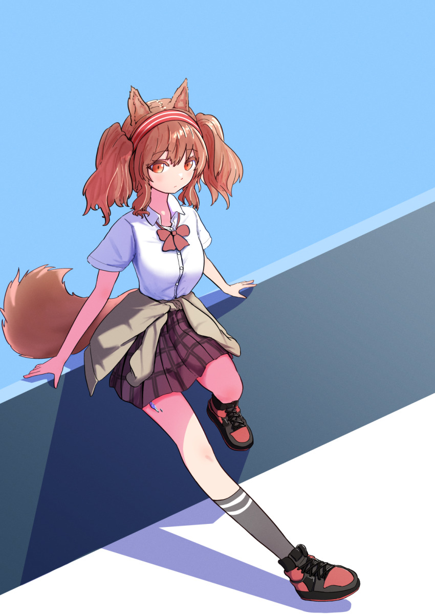 1girl angelina_(arknights) animal_ears arknights black_socks blue_background brown_hair brown_tail buttons closed_mouth clothes_around_waist collared_shirt commentary_request dress_shirt full_body grey_jacket hairband highres jacket jacket_around_waist kiyu_es335 kneehighs looking_at_viewer material_growth open_collar orange_eyes oripathy_lesion_(arknights) partial_commentary plaid_clothes plaid_skirt purple_skirt red_hairband shirt short_hair short_sleeves skirt socks solo standing tail white_shirt