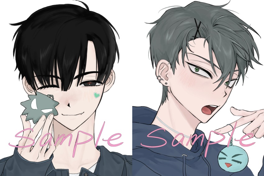 2boys absurdres alien_stage black_hair blue_hoodie bobby_pin c0ugh charm_(object) chinese_commentary closed_mouth commentary_request ear_piercing earrings fang green_eyes grey_hair grey_shirt heart_on_cheek highres holding holding_charm hood hoodie ivan_(alien_stage) jewelry male_focus multiple_boys one_eye_closed open_mouth piercing portrait red_pupils sample_watermark shirt short_hair smile till_(alien_stage) very_short_hair watermark