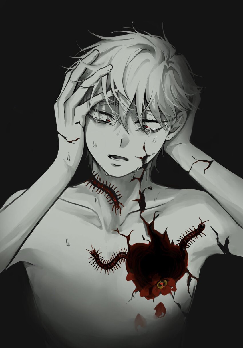 1boy alien_stage bug centipede commentary cracked_skin english_commentary flower hands_on_own_head highres male_focus naa_kamui open_mouth red_flower red_petals red_pupils short_hair solo spot_color sweat tears till_(alien_stage)
