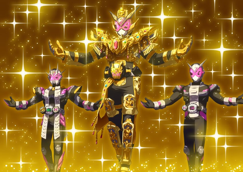 2018 2019 3boys alternate_costume apocalypse arm_up armor asymmetrical_armor aura back-to-back belt black_armor black_bodysuit black_footwear black_gloves blue_eyes blue_gemstone blue_sky bodysuit boots build_rider_watch clenched_hand clock clock_hands commentary commentary_request compound_eyes cowboy_shot dated diamond_(shape) rider_belt full_body gem gloves glowing glowing_eyes gold_armor gold_trim grand_zi-o_rider_watch green_gemstone helmet highres horns houou_kaguya_quartz imminent_fight indoors jewelry kamen_rider kamen_rider_555 kamen_rider_agito kamen_rider_agito_(series) kamen_rider_blade kamen_rider_blade_(series) kamen_rider_build kamen_rider_build_(series) kamen_rider_dcd kamen_rider_decade kamen_rider_den-o kamen_rider_den-o_(series) kamen_rider_double kamen_rider_drive kamen_rider_drive_(series) kamen_rider_ex-aid kamen_rider_ex-aid_(series) kamen_rider_faiz kamen_rider_fourze kamen_rider_fourze_(series) kamen_rider_gaim kamen_rider_gaim_(series) kamen_rider_ghost kamen_rider_ghost_(series) kamen_rider_gorgeous_grand_zi-o kamen_rider_gotchard_(series) kamen_rider_grand_zi-o kamen_rider_hibiki kamen_rider_hibiki_(series) kamen_rider_kabuto kamen_rider_kabuto_(series) kamen_rider_kiva kamen_rider_kiva_(series) kamen_rider_kuuga kamen_rider_kuuga_(series) kamen_rider_legend kamen_rider_legendary_legend kamen_rider_ooo kamen_rider_ooo_(series) kamen_rider_ryuki kamen_rider_ryuki_(series) kamen_rider_w kamen_rider_wizard kamen_rider_wizard_(series) kamen_rider_zi-o kamen_rider_zi-o_(series) kamen_rider_zi-o_ii kamen_rider_zi-o_the_movie:over_quartzer kuuga_riderwatch legendriver loincloth long_coat male_focus metal multiple_boys multiple_horns official_alternate_costume open_hand open_hands otokamu ouma_zi-o ouma_zi-o_rider_watch outstretched_arms pink_eyes pink_gloves powering_up profile red_eyes red_gemstone rider_belt rider_watch shoes shoulder_armor single_horn sky solo sparkle spotlight spread_arms standing summoning throne tokusatsu trait_connection two-tone_background type_tridoron upper_body vest waistcoat zi-o_rider_watch ziku_driver