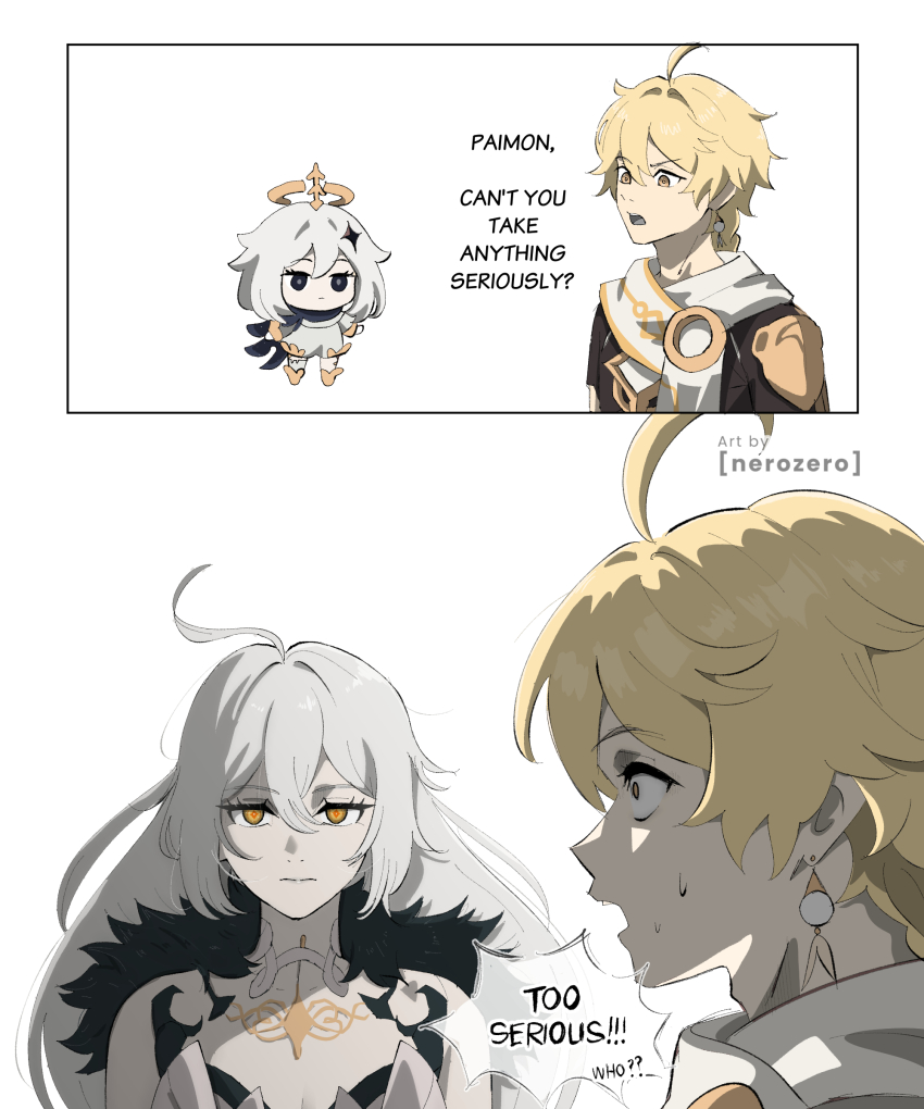 1boy 2girls absurdres aether_(genshin_impact) ahoge artist_name asmoday_(genshin_impact) bare_shoulders blonde_hair braid breasts bright_pupils can&#039;t_you_take_anything_seriously?_(meme) chibi cleavage dress earrings expressionless fur_trim genshin_impact hair_between_eyes hair_ornament halo highres jewelry long_hair looking_at_another meme multiple_girls nerozero orange_eyes paimon_(genshin_impact) simple_background single_earring speech_bubble sweatdrop upper_body white_background white_dress white_hair