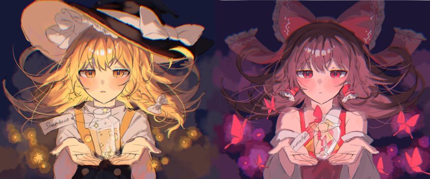2girls amatukimahoro bare_shoulders black_hat blonde_hair brown_hair bug butterfly dark_background hakurei_reimu hat highres holding holding_vial insect japanese_clothes kirisame_marisa long_hair miko multiple_girls red_eyes star_(symbol) touhou upper_body vial witch witch_hat yellow_eyes