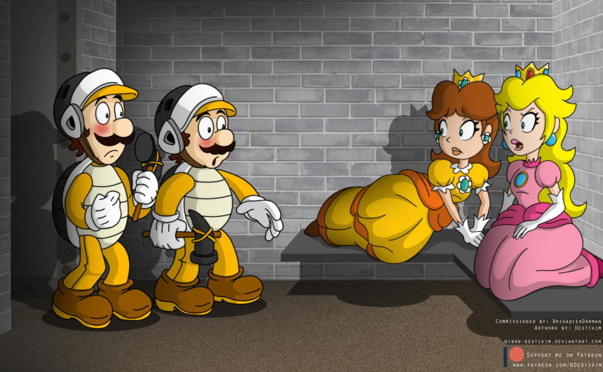 2boys 2girls blonde_hair blue_eyes breasts brick_wall brothers brown_hair crown custom dress dungeon earrings facial_hair flower_earrings full_body gloves hammer hammer_bro hammer_bro hammer_luigi hammer_mario helmet jewelry long_hair luigi mario mario_(series) multiple_boys multiple_girls mustache nintendo orange_dress parody pink_dress princess_daisy princess_peach siblings star_wars super_mario_bros._1 super_mario_bros._3 super_mario_land tomboy