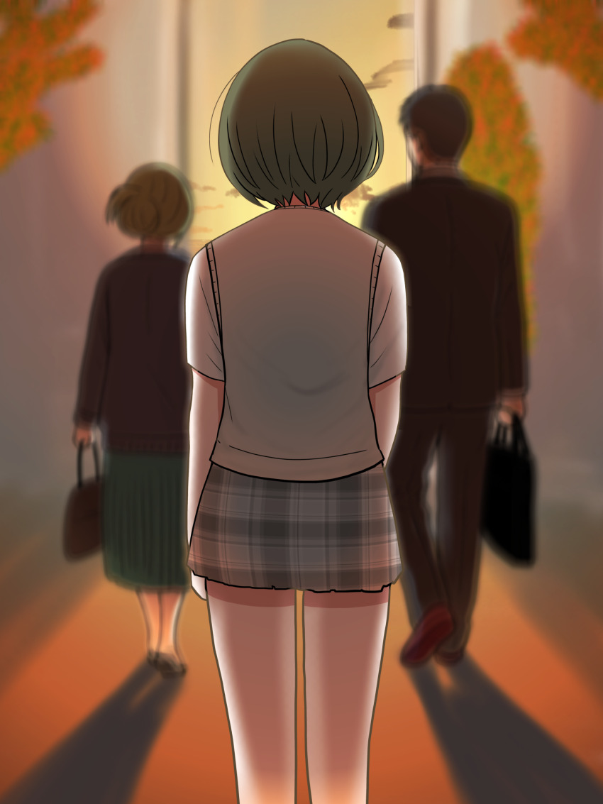 1boy 2girls commentary_request facing_away from_behind green_hair highres hondy_(user_gcxa2842) idolmaster idolmaster_shiny_colors multiple_girls nanakusa_hazuki nanakusa_nichika office_lady outdoors partial_commentary plaid_clothes plaid_skirt producer_(idolmaster) school_uniform shadow shirt skirt sunset sweater_vest white_shirt
