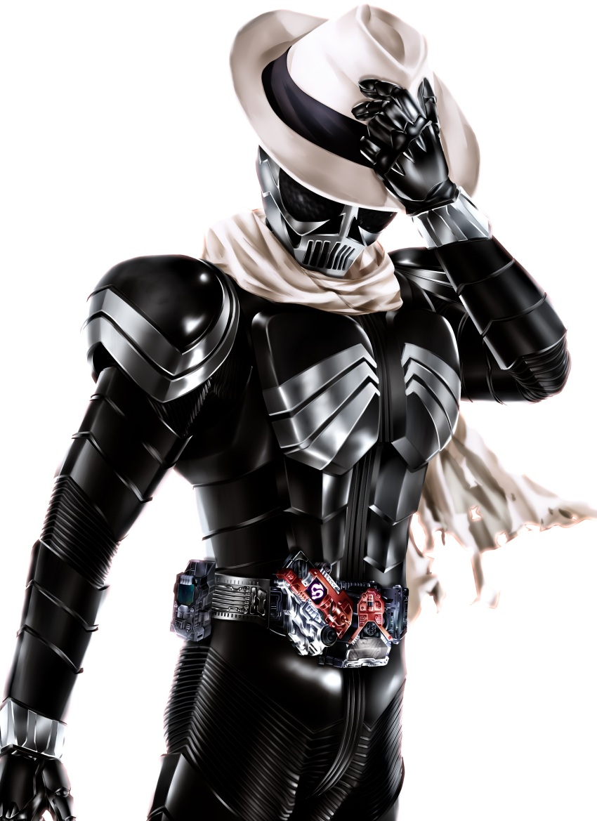 1boy absurdres armor belt black_armor black_eyes compound_eyes cowboy_shot fedora gaia_memory hand_on_headwear hat highres holding kamen_rider kamen_rider_skull kamen_rider_w kuzurx lost_driver male_focus mask rider_belt scarf simple_background skull_mask solo standing tokusatsu torn_clothes torn_scarf white_background white_scarf
