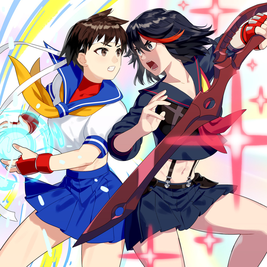 2girls abs angry attack battle black_hair blue_eyes blue_sailor_collar brown_eyes brown_hair capcom clenched_teeth commission duel fighting fighting_game fighting_stance fingerless_gloves four-pointed_star gloves gradient_background hadouken headband highres holding holding_sword holding_weapon kamui_(kill_la_kill) kasugano_sakura kill_la_kill looking_at_another matoi_ryuuko multicolored_hair multiple_girls red_gloves red_sports_bra sailor_collar sailor_crest school_uniform scissor_blade_(kill_la_kill) senketsu serafuku short_hair single_glove skeb_commission sports_bra spread_legs streaked_hair street_fighter street_fighter_zero_(series) suspenders sword teeth trigger_(company) two-tone_hair weapon white_headband yagi2013