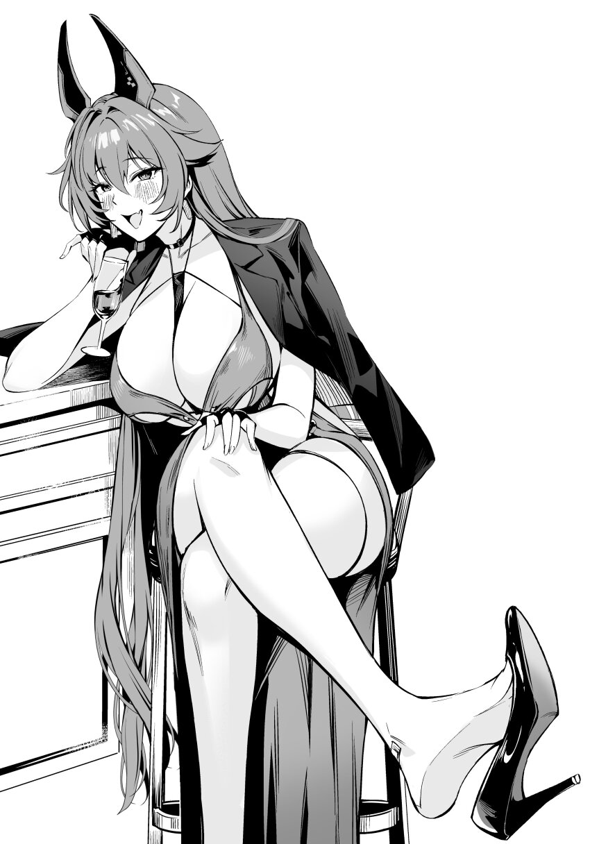 1girl absurdres alcohol bandaid bandaid_on_foot bar_stool between_breasts black_gloves blush breasts cleavage clothing_cutout cup dress drinking_glass earrings fang fingerless_gloves gloves goddess_of_victory:_nikke greyscale hair_between_eyes high_heels highres horns jacket jacket_on_shoulders jewelry large_breasts long_hair looking_at_viewer mechanical_horns monochrome nr_noir official_alternate_costume open_mouth red_hood_(nikke) red_hood_(nonsense_red)_(nikke) sitting smile solo stool strap_between_breasts thigh_strap wine wine_glass