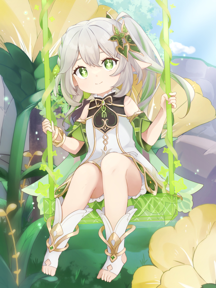 1girl absurdres bare_shoulders bloomers closed_mouth commentary cross-shaped_pupils detached_sleeves dress full_body genshin_impact gold_trim green_eyes green_hair green_sleeves hair_between_eyes hair_ornament highres iroha_(mimi0618xx) leaf_hair_ornament long_hair looking_at_viewer multicolored_hair nahida_(genshin_impact) on_swing pointy_ears side_ponytail sitting sleeveless sleeveless_dress smile solo stirrup_legwear swing symbol-shaped_pupils toeless_legwear toes underwear white_bloomers white_dress white_hair