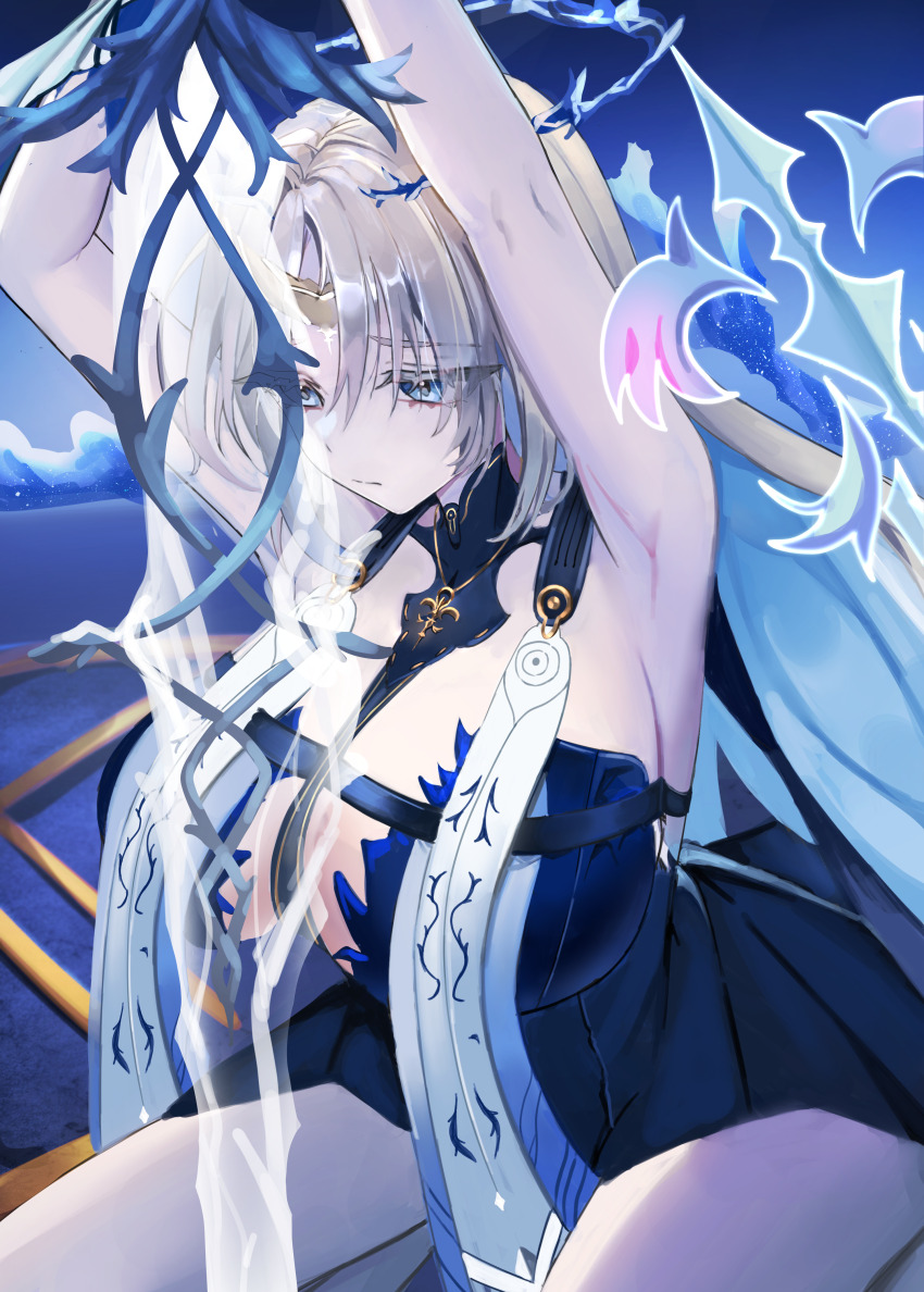1girl absurdres armpits arms_up black_collar black_dress blonde_hair blue_eyes blue_hair breast_curtains breasts closed_mouth collar colored_inner_hair commentary dress fleurdelys_(wuthering_waves) highres holding holding_sword holding_weapon horns huge_breasts kneeling long_hair multicolored_hair sad samenami0711 single_horn solo sword tacet_mark_(wuthering_waves) weapon wuthering_waves yellow_horns