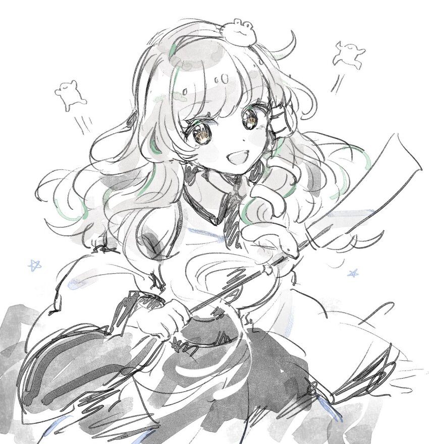 1girl bare_shoulders detached_sleeves frog frog_hair_ornament gohei hair_ornament hair_tubes highres holding holding_gohei japanese_clothes kochiya_sanae long_hair looking_at_viewer miko monochrome mountain_of_faith mozukuzu_(manukedori) nontraditional_miko open_mouth shirt single_hair_tube skirt smile snake snake_hair_ornament solo star_(symbol) touhou