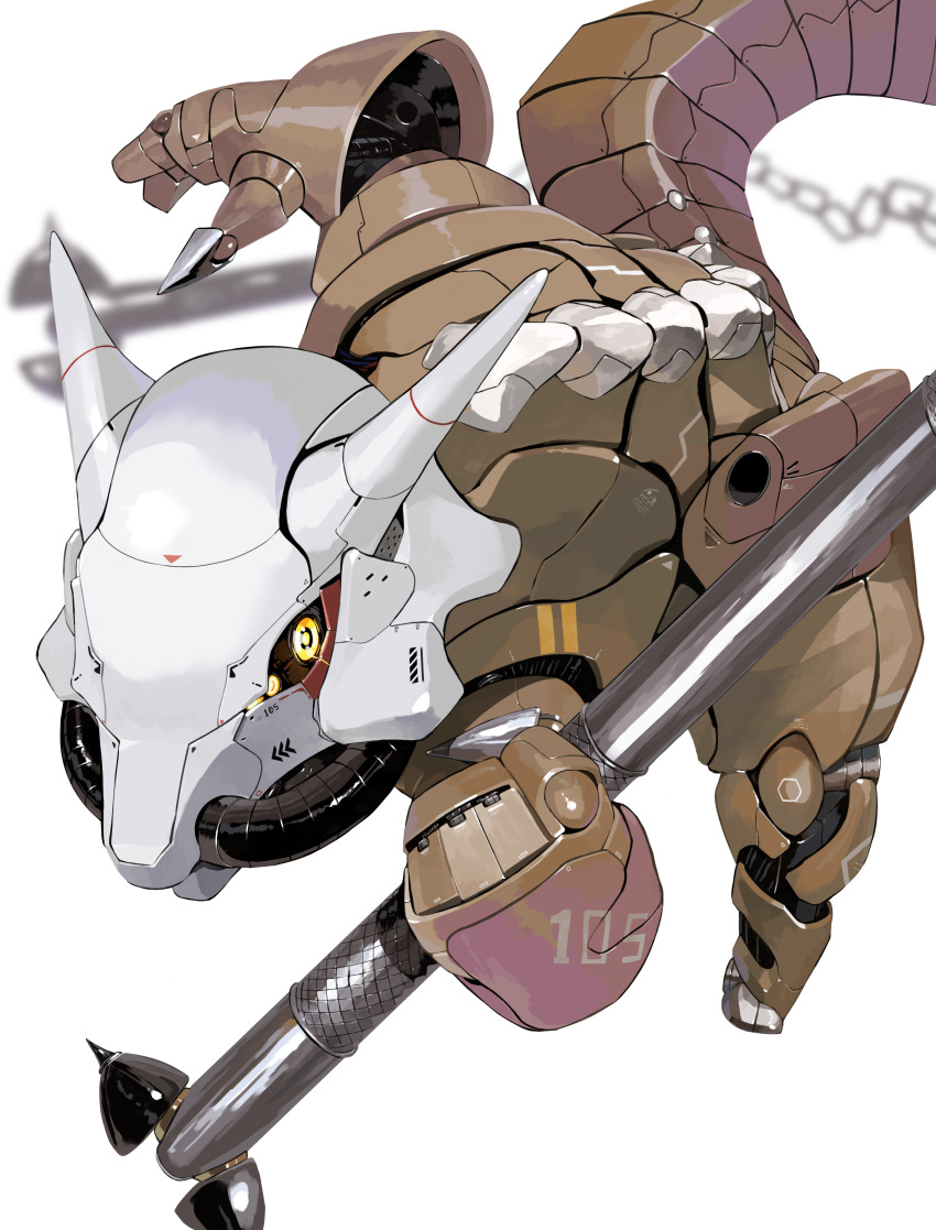 absurdres animal_focus closed_mouth gen_1_pokemon highres holding holding_staff horns marowak mecha mechanical_tail mechanization nintendo no_humans open_hand pokemon pokemon_(creature) robot science_fiction solo staff tail white_background yellow_eyes yunimaru