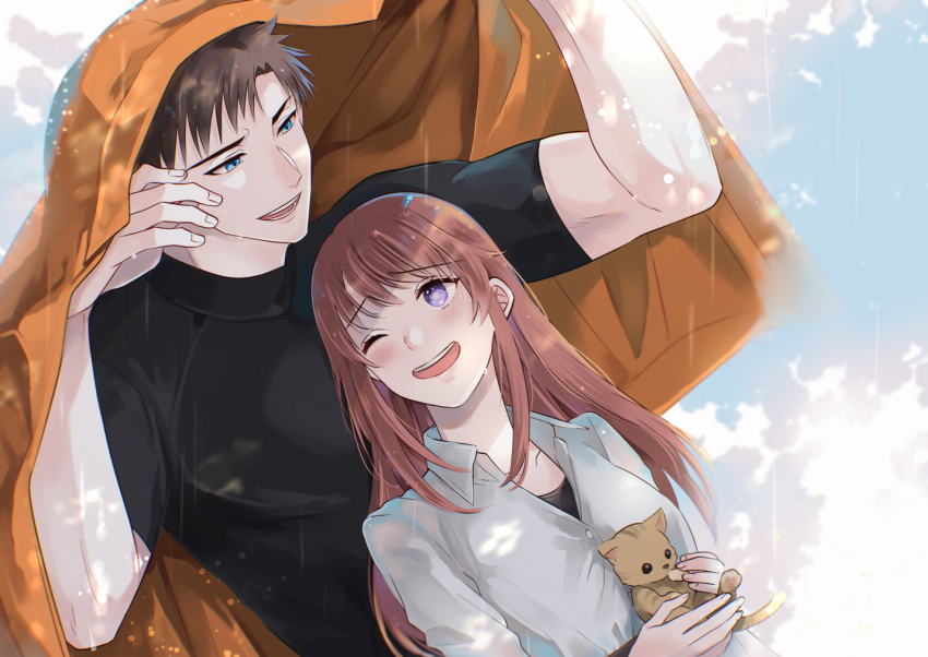 1boy 1girl animal black_shirt blue_background blue_eyes brown_hair cat commentary_request fujihashi_ryou hetero holding holding_animal improvised_umbrella jacket long_hair looking_at_another mizuno_souma one_eye_closed orange_jacket outdoors purple_eyes rain shared_improvised_umbrella shirt short_hair tarou_(you-0512) upper_body very_short_hair yubisaki_kara_no_honki_no_netsujou