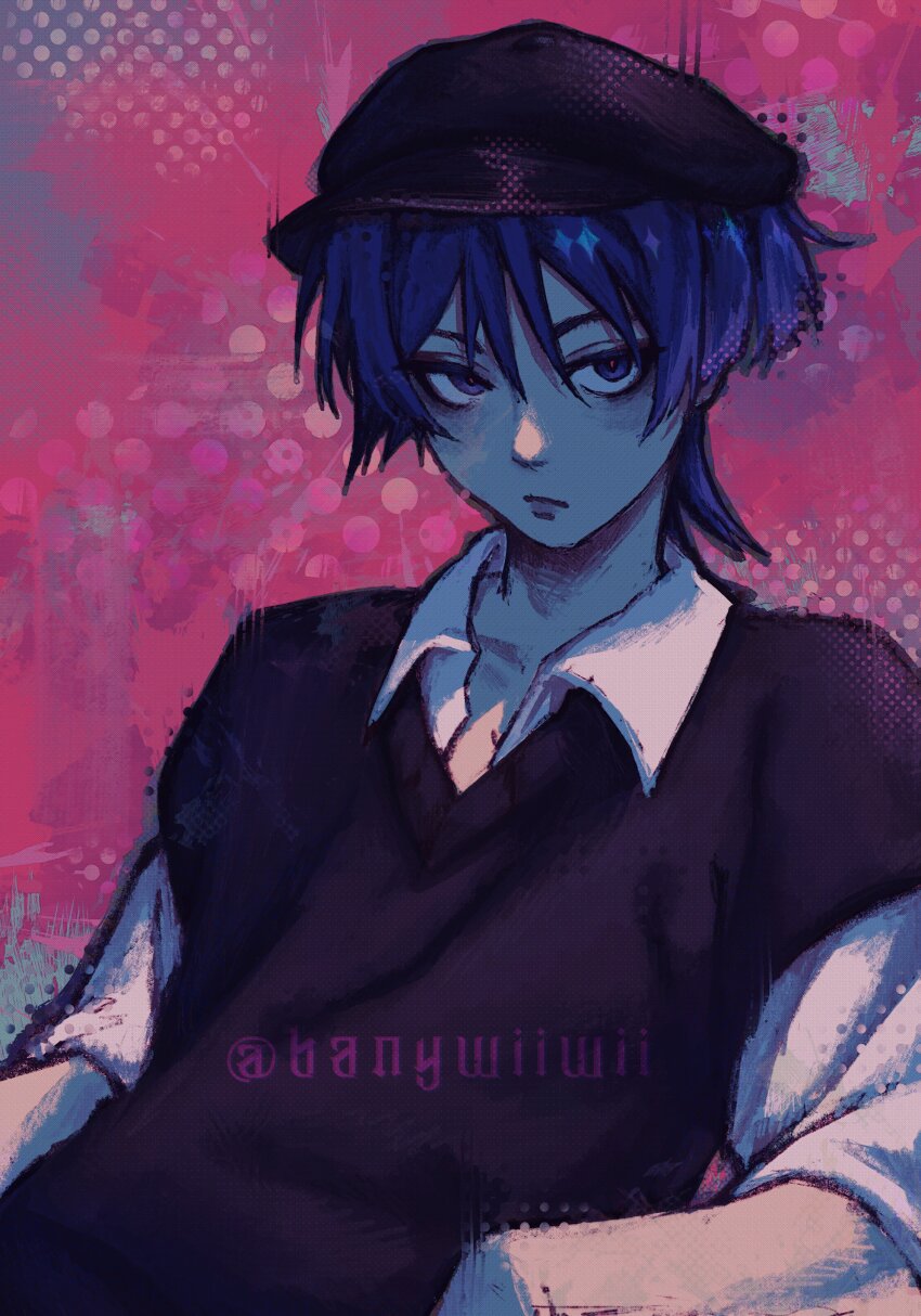 1boy absurdres alternate_costume arms_at_sides black_hat black_sweater_vest blunt_ends casual closed_mouth collared_shirt contemporary diamond_print ebany_ohuet expressionless flat_cap genshin_impact hat highres looking_at_viewer male_focus pink_background polka_dot polka_dot_background purple_eyes purple_hair red_pupils scaramouche_(genshin_impact) shirt short_sleeves solo sweater_vest tsurime twitter_username upper_body watercolor_effect white_shirt white_sleeves white_undershirt