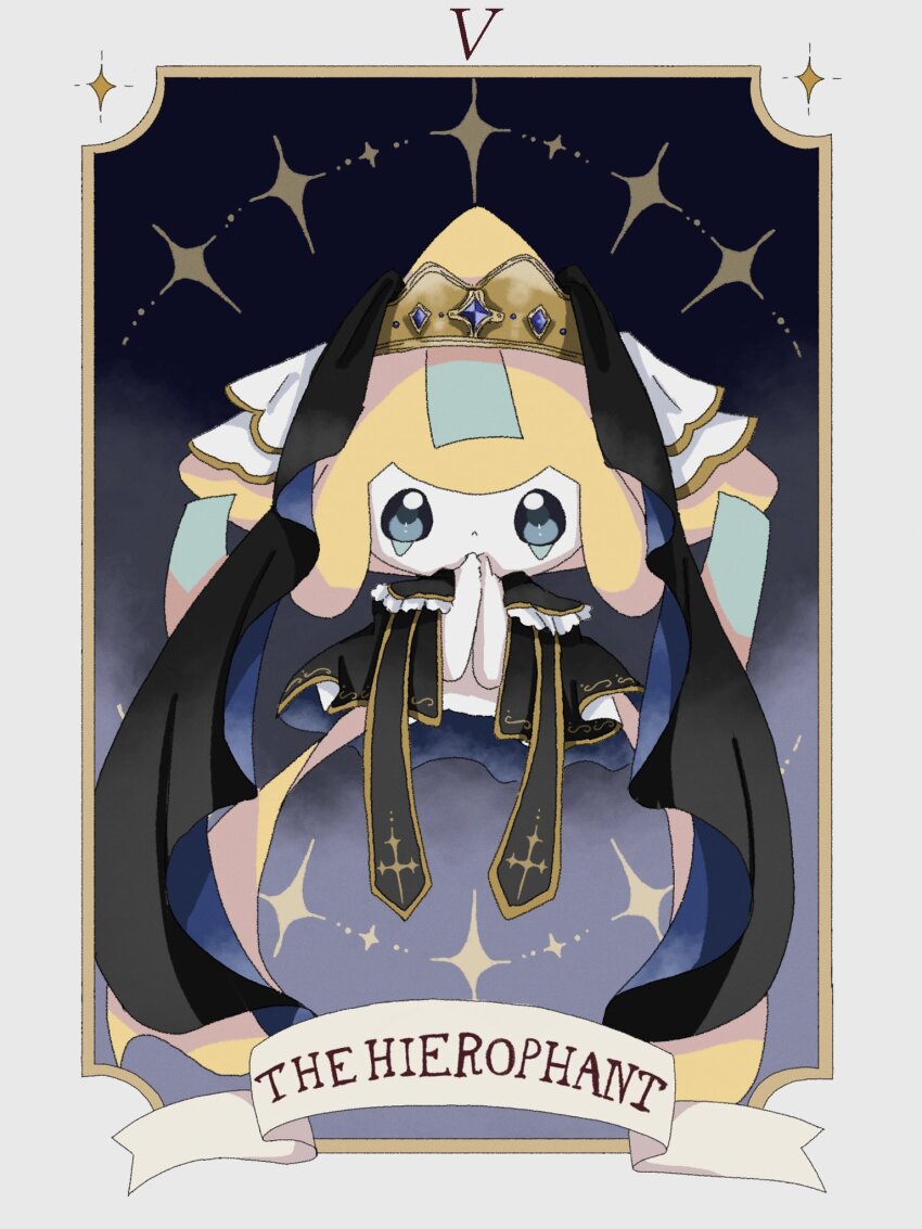 blue_eyes card_(medium) colored_skin crown english_text floating full_body gen_3_pokemon highres jira_077 jirachi legendary_pokemon looking_at_viewer mark_under_both_eyes mythical_pokemon nintendo no_humans pokemon pokemon_(creature) pokemon_focus roman_numeral solo star_(sky) star_(symbol) tarot tarot_(medium) the_hierophant_(tarot) white_skin